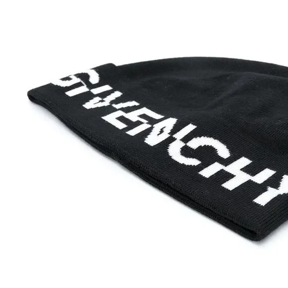 Givenchy Black Split Logo unisex Beanie Paris Motif Knitted 100% Laine W…